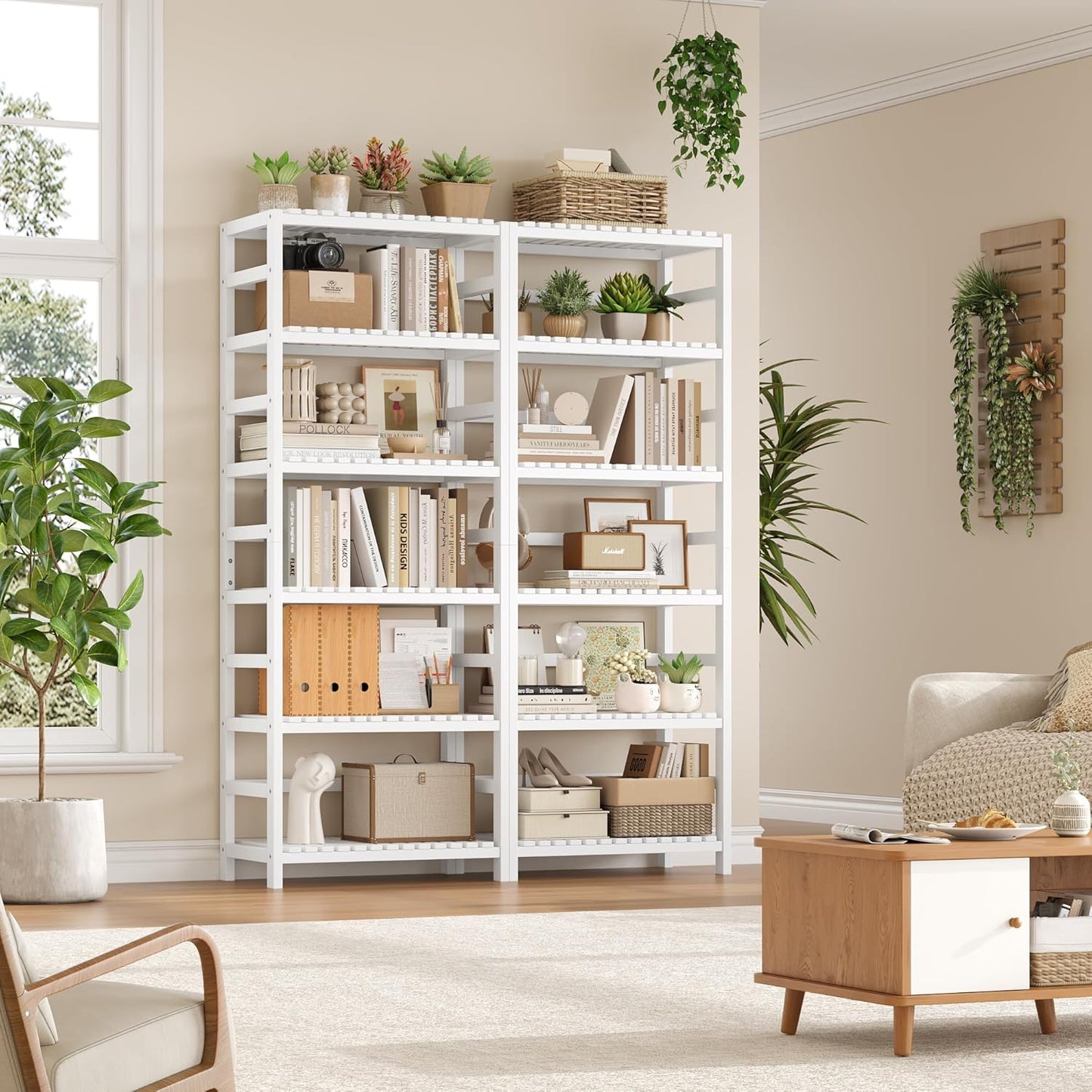 FOTOSOK 6-Tier Bamboo Shelf Set of 2, Bamboo Bookcase with Adjustable Shelves, Free Standing Storage Shelf Unit Plant Flower Stand, Tall Large White Bookshelf for Kitchen, Bathroom, Home Office, White - Décor Diaries