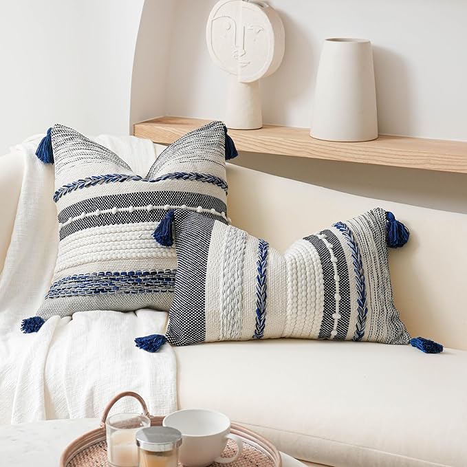 BlissBlush Navy Dark Blue Decorative Throw Pillow Cover 18x18 Square Boho Accent Pillowcase Tassels Farmhouse Cushion for Couch Sofa Bedroom Living Room Home Décor Cover ONLY