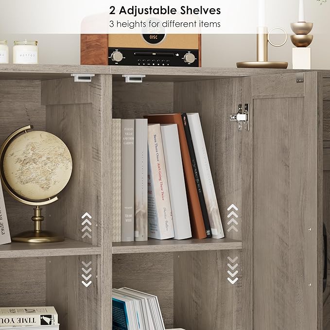 71” Large Sideboard Buffet Cabinet with Storage, Farmhouse Kitchen Buffet Cabinet with Adjustable Shelves and 6 Barn Doors, Wood Coffee Wine Bar Console Table, White, Ash Grey (Ash Grey)