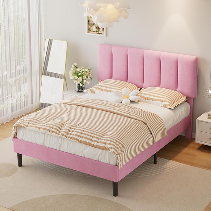 VECELO Queen Bed Frame with Upholstered Headboard, Heavy-Duty Platform Bedframe with Strong Wooden Slats Support, No Boxing Spring Needed, Pink