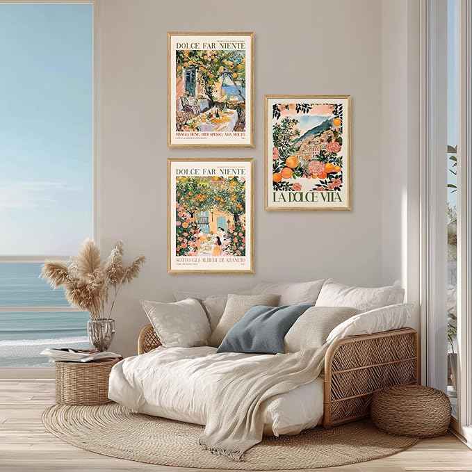 Cyebmo Italy Travel Wall Art set of 3, Trendy Amalfi Coast Wall Decor, Italian Food Canvas Painting, Vintage Italian City Poster Prints for Bedroom Dining Room Living Room Wood Framed 12"x16"x3