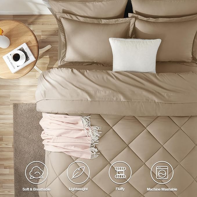CozyLux Queen Comforter Set Taupe - Bed in a Bag Queen Size 7 Pieces, Luxury Soft Bed Set for All Seasons, Bedding Set with Down Alternative Comforter, Sheets, Pillowcases & Shams