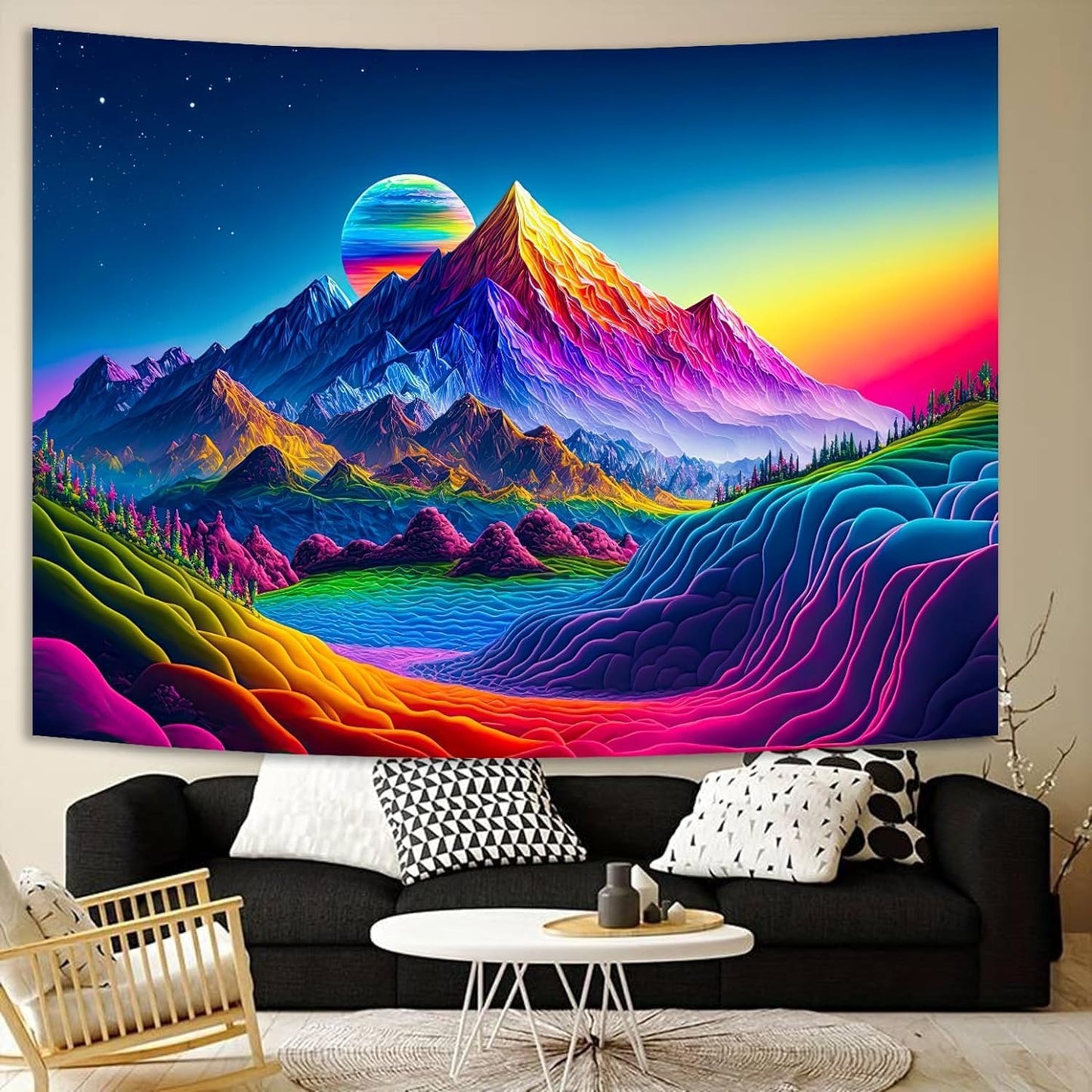 SparkLia Sunset Mountain Tapestry, Blacklight Colorful Forest Lake UV Reactive Tapestry, Neon Glow in the Dark Starry Stars Nature Landscape Wall Hanging Tapestries for Bedroom - 90" x 70"