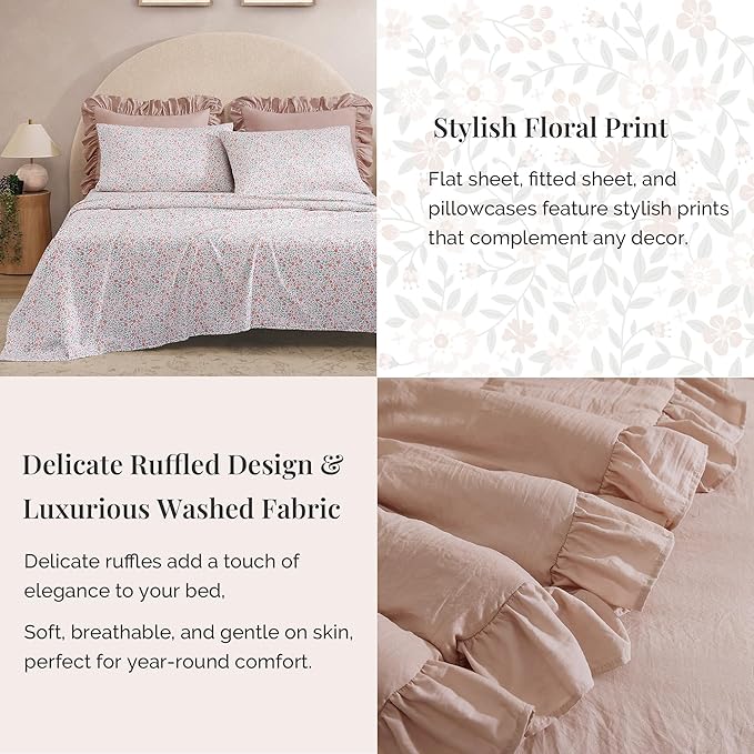 Twin XL Comforter Set - 5 Pieces Ruffle Rose Floral Bedding Sets, Shabby Chic Farmhouse Bed in a Bag with Ruffle Comforter, Floral Sheets, Pillowcase & Sham
