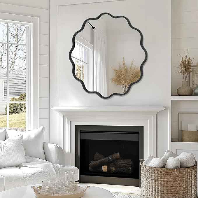 PROHOMEWARE Black Round Mirror 32 Inch Wavy Bathroom Vanity Mirror Black Frame Modern Wall Mirror Decorative Wall-Mounte Anti-Rust, Tempered Glass