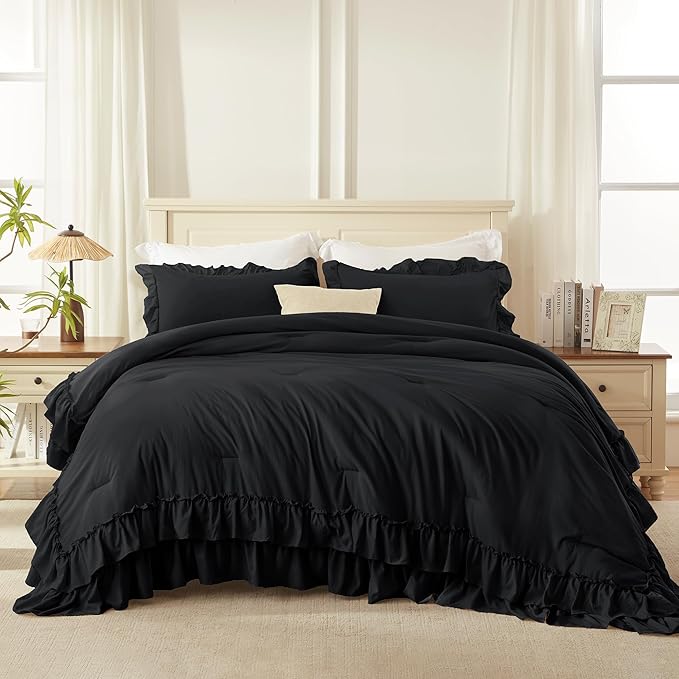 Andency Black King Comforter Set(104x90Inch), 3 Pieces Ruffle Comforter Set with 2 Pillowcases, Farmhouse Shabby Chic Lightweight Fluffy Soft Microfiber All Season Bed Set
