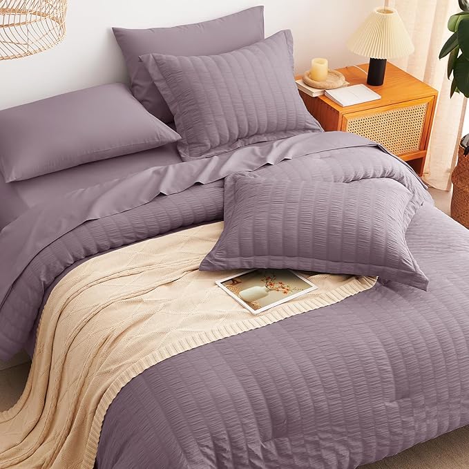 CozyLux Oversized Queen Comforter Set Dusty Purple Seersucker 7 Pieces 98x98 Bed in a Bag Comforter Set with Sheets, Luxury Bedding Sets with Down Alternative Comforter, Sheets, Pillowcases & Shams