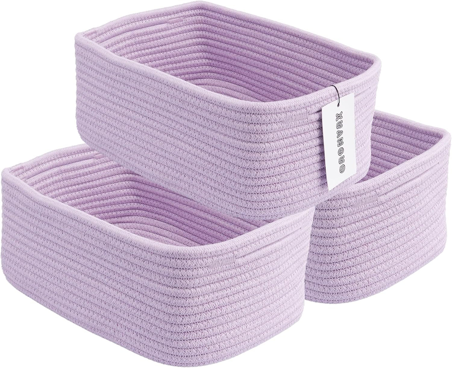 Small Woven Storage Baskets 12“X8”X5“ Decorative Rope Bins for Organizing Shelves, Closets, and Toys, Empty Gift Baskets, Cute Organizer Basket for Home and Office (purple, regular)