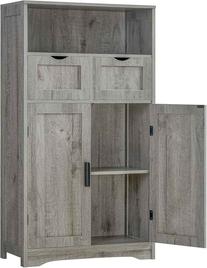 Iwell Storage Cabinet with 2 Drawers & 2 Adjustable Shelves, Kitchen Cabinet, Cupboard, for Living Room, Kitchen, Entryway, Home Office, Grey