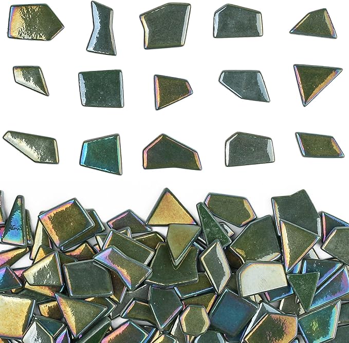 Youway Style Iridescent Glass Mosaic Tiles for Crafts Bulk,200g Green Broken Mosaic Glass Pieces for Garden Crafts Kits,DIY Mosaic Art Decor