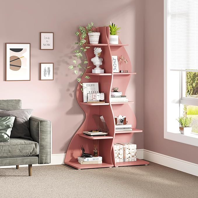 Tribesigns Corner Shelf, Modern 5-Tier Wall Corner Bookshelf, Stylish Corner Small Bookcase Storage Rack Plant Stand with Unique Shape for Living Room, Home Office (Pink, 2PCS)