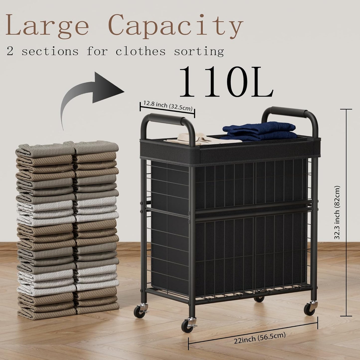 Laundry Hamper 2 Section, 110L Rolling Laundry Sorter Basket with Wheels, 2 Compartment Clothes Organizer Cart, Pull-Out Removable Bags for Laundry Room, Bathroom, Bedroom, Black
