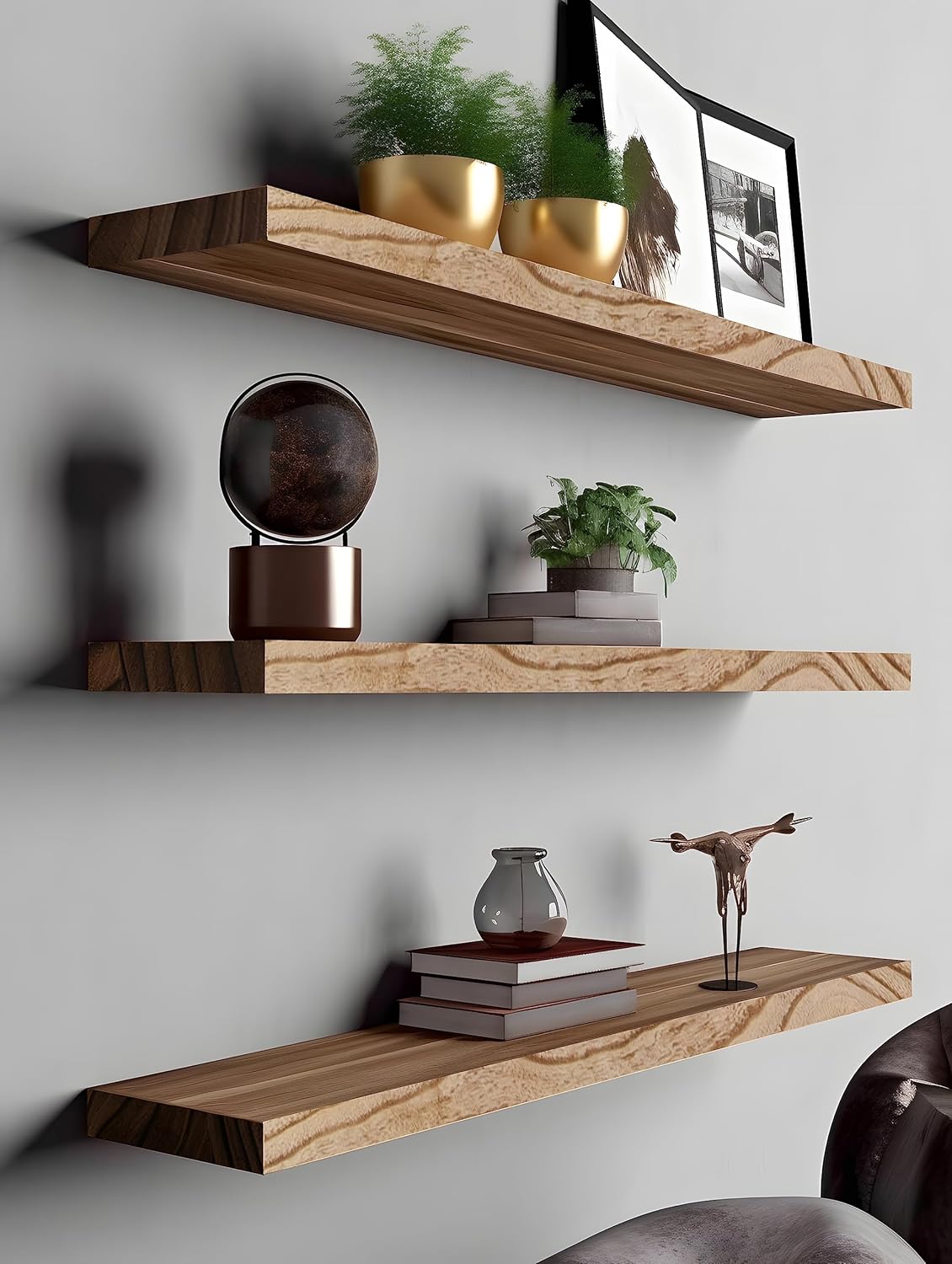 Wood Floating Shelves for Wall, Rustic Wall Shelves for Bedroom, Wall Mounted Floating Shelf, Set of 4 Light Walnut 36 Inch - Décor Diaries
