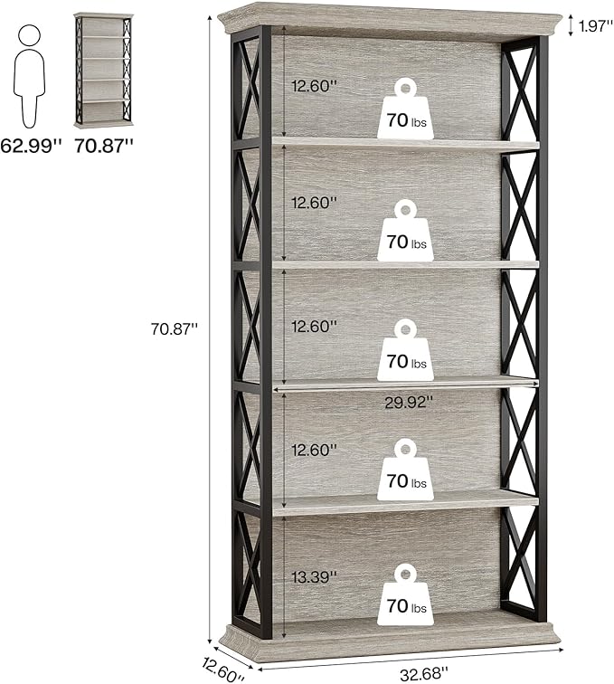 Tribesigns 6-Tier Bookcase, 71 Inches Industrial Bookshelves and Bookcases, Floor Standing 5 Shelf Display Storage Shelves Tall Bookcase for Home Office, Living Room, Bed Room, Grey