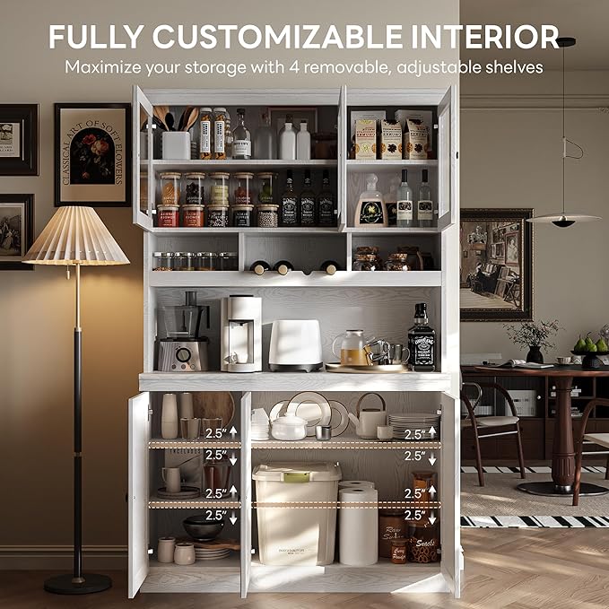 LIKIMIO 74.8" China Cabinet with Glass Doors, Tall Kitchen Pantry, Storage Cabinet with Microwave Stand, 4 Adjustable Shelves, Wine & Glass Station, Modern Display Cabinet for Home Living Room, White