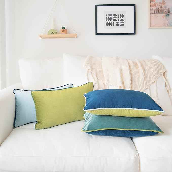 MONDAY MOOSE Decorative Throw Pillow Covers Cushion Cases, Set of 4 Soft Velvet Modern Double-Sided Designs, Mix and Match for Home Decor, Pillow Inserts Not Included (12x20 inch, Green/Blue)