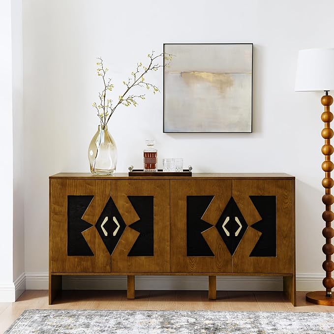 Ball & Cast 60" Mid Century Modern Sideboard Buffet Cabinet with Storage, Credenza & Media Console w/Geometric Pattern Doors & Adjustable Shelves for Living Room,Kitchen Coffee Bar,Entryway,Walnut