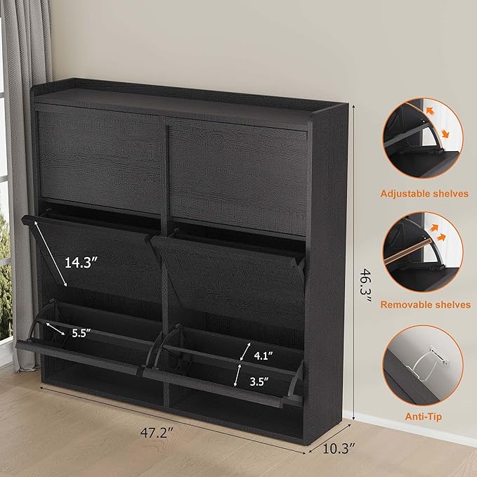 GarveeHome Shoe Cabinet with 6 Flip Drawers, Wooden Shoe Organizer Cabinet with Adjustable Shelf, Shoe Storage for Entryway, Hidden Shoe Cabinet for Hallway, Living Room, Black