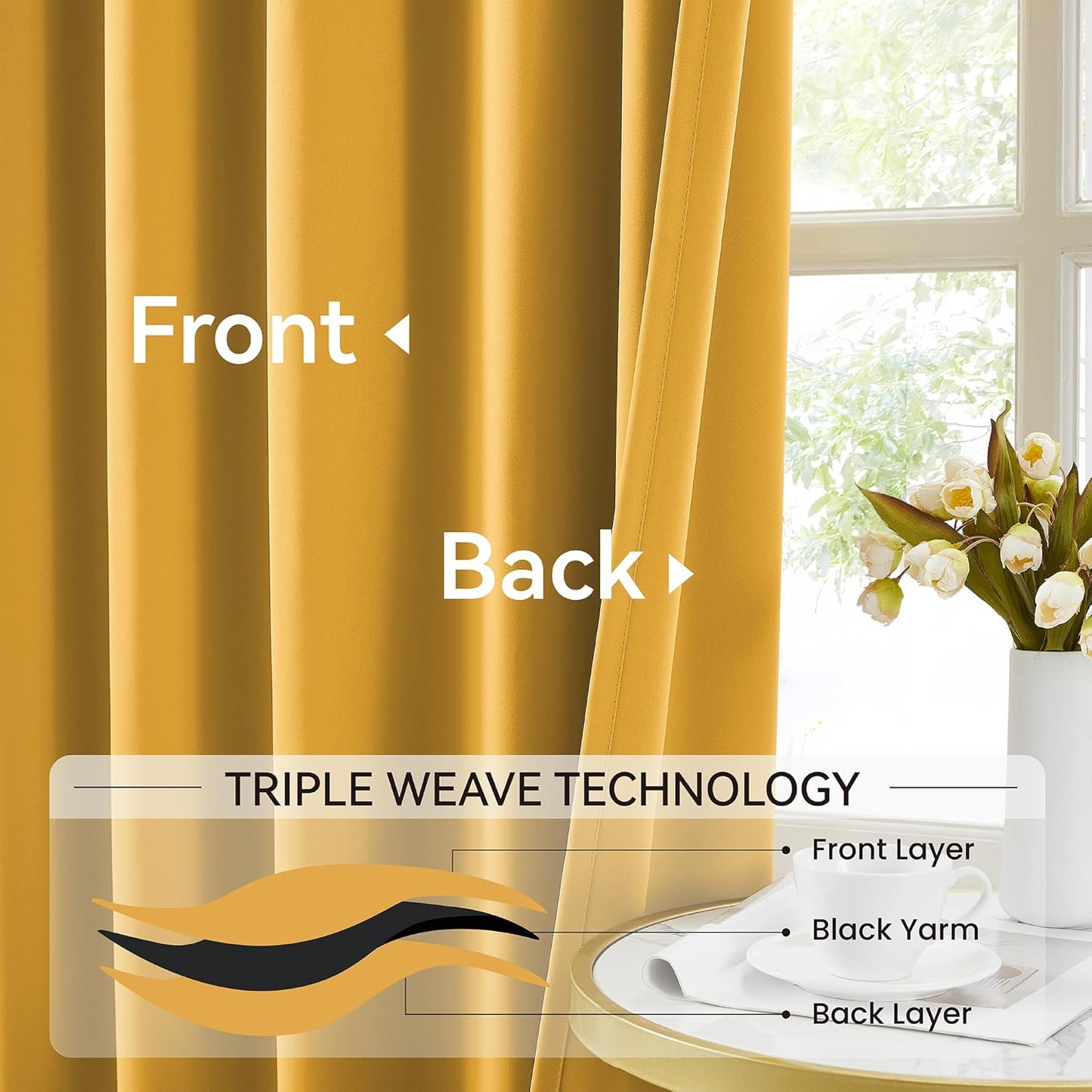 KangBang Yellow Pinch Pleated Curtains 90 Inches Long for Bedroom, Blackout Energy Saving Neutral Modern Pinch Pleat Curtains & Drapes with Adjustable Hooks 2 Panels,40Wx90L