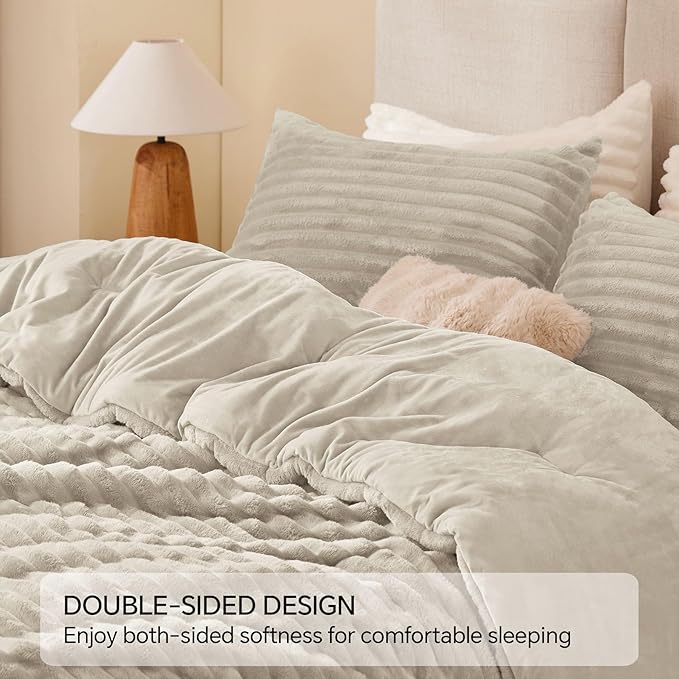 BEDELITE Fleece King Comforter Set -Super Soft & Warm Fluffy Linen Bedding, Luxury Fuzzy Heavy Bed Set for Winter with 2 Pillow Cases