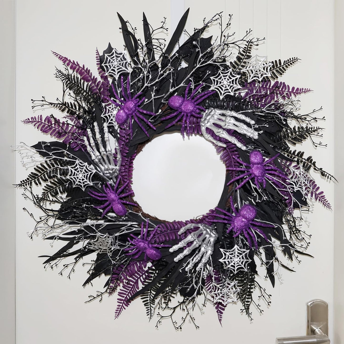Halloween Decorations, Halloween Wreaths for Front Door 20", Purple Spiders Silver Skeleton Hands Black Leaves Halloween Decor for Doors Porch Wall, Gothic Party Horror Room Decor