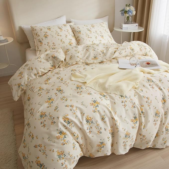 Vintage Yellow Flower Comforter Set Queen Fluffy Soft Floral Bedding Comforter Boho Flower Leaves Botanical Comforter Cottagecore Bedding Set Aesthetic Floral Comforter Set Queen Size for All Season