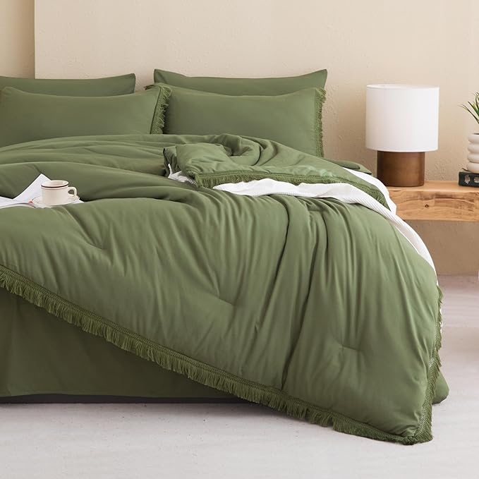 Andency Full Size Comforter Set with Sheets Olive Green -7 Pieces Bed in a Bag Boho Tassel Bedding Sets, All Season Fringe Bed Set with Comforter, Sheets, Pillowcases & Shams