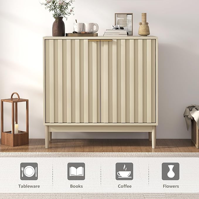 Fluted Sideboard with Storage, Buffet Cabinet Sideboard with Door, Kitchen Buffet Storage Accent Cabinets with Adjustable Shelves for Living Room, Entry, Hallway, Beige