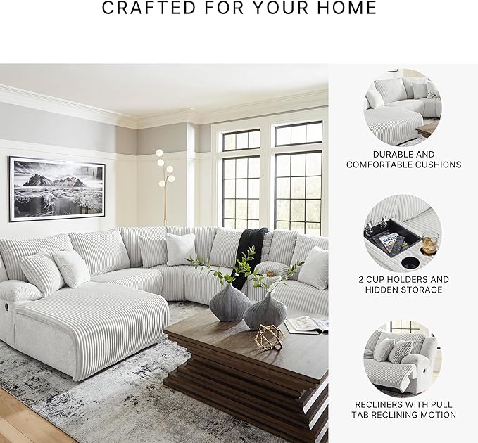 Signature Design by Ashley Top Tier Modern Right-Arm Facing 6-Piece Reclining Sectional with Chaise, Armrest, Throw Pillows and Storage, Light Gray