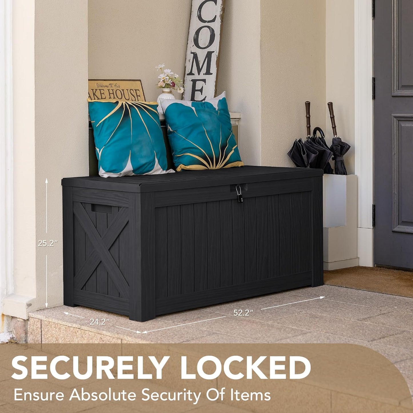 Devoko 120 Gallon Deck Box Resin Outdoor Storage Box Waterproof for Patio, Large Outdoor Storage Bench Lockable for Outside (Black)