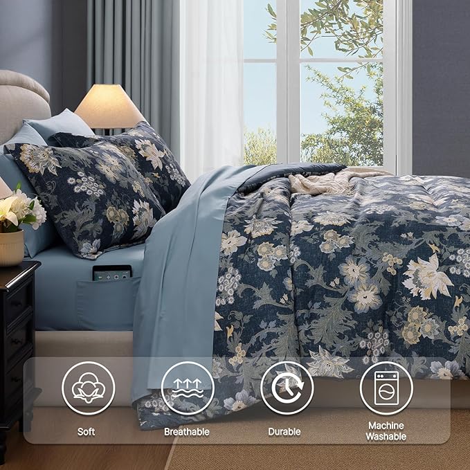 Full Comforter Set -7 Pieces Floral Antique Blue Comforter Set for All Seasons, Bed in a Bag Full with Botanical Flowers Comforter, Sheets, Pillowcases & Shams
