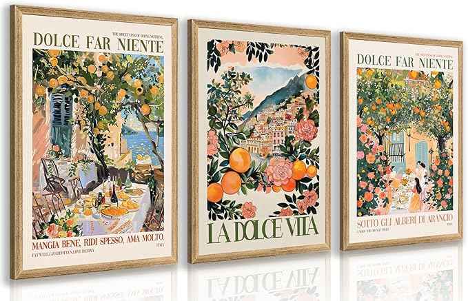 Cyebmo Italy Travel Wall Art set of 3, Trendy Amalfi Coast Wall Decor, Italian Food Canvas Painting, Vintage Italian City Poster Prints for Bedroom Dining Room Living Room Wood Framed 12"x16"x3