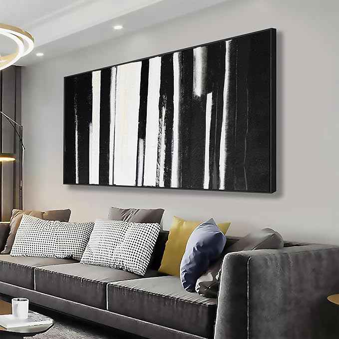 Framed Abstract Canvas Wall Art - Large Minimalist Stripes Black & White - Modern Wall Decor for Living Room, Bedroom, Kitchen & Office - 29"58"