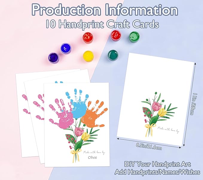 Flower Bouquet Handprint Art Craft Kit Birthday Gifts for Mom & Grandma, 10pcs DIY Baby Hand and Foot Print Greeting Cards, Mothers Day Crafts for Home Party Activities, Newborn Keepsake