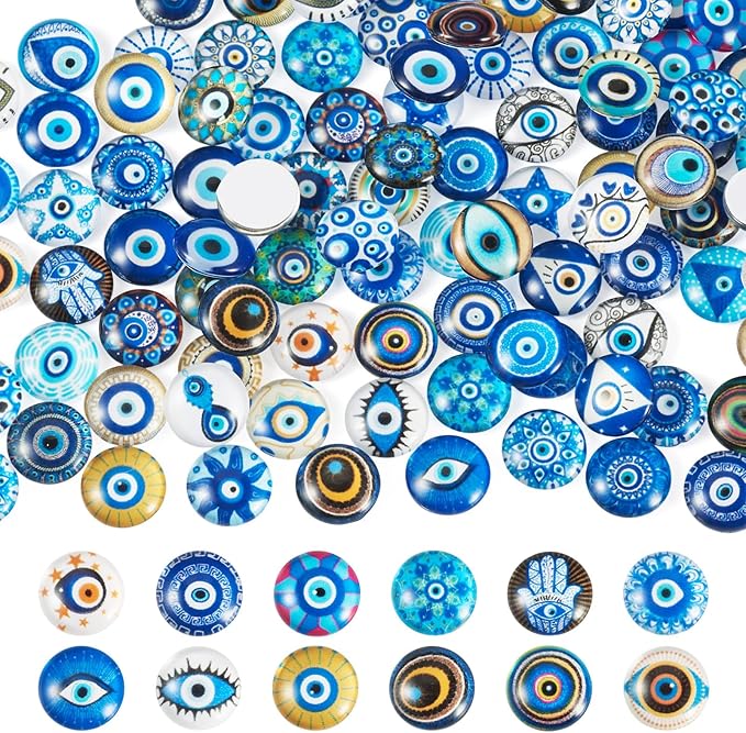 Craftora 100Pcs 12mm Transparent Evil Eye Glass Cabochons Mixed Blue Eyes Cameo Dome Tiles Flat Back Glass Covered Dome Tiles for DIY Bracelets Necklace Scrapbooking Art Crafts