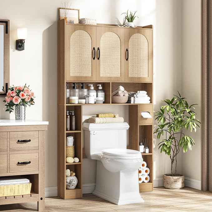 Vabches Over The Toilet Storage Cabinet,Farmhouse Over Toilet Bathroom Organizer with 3 Barn Doors & Toilet Paper Holder Stand,Home Space-Saving Toilet Rack with Shelves，for Bathroom,Restroom,Laundry