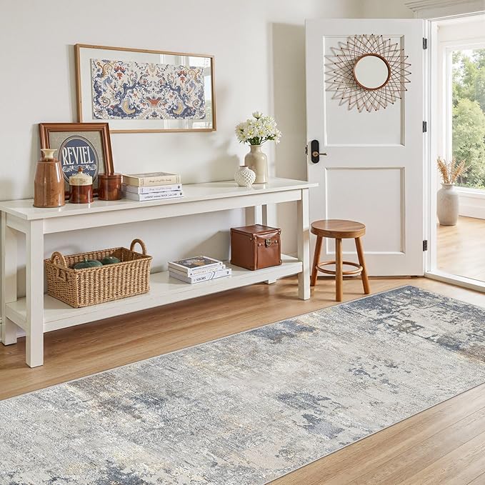 3X8 Washable Runner Rug for Hallway: Soft Neutral Modern Abstract Area Rug - Non-Slip Low Pile Long Throw Indoor Carpet for Kitchen Entryway Kitchen Bedroom Laundry Bathroom- Blue Grey