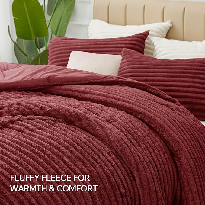 BEDELITE Fleece Queen Comforter Set -Super Soft & Warm Fluffy Burgundy Bedding, Luxury Fuzzy Heavy Bed Set for Winter with 2 Pillow Cases