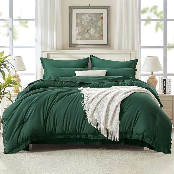 Andency Queen Comforter Set with Sheets Dark Emerald Green -7 Pieces Bed in a Bag Boho Tassel Bedding Sets, All Season Fringe Bed Set with Comforter, Sheets, Pillowcases & Shams