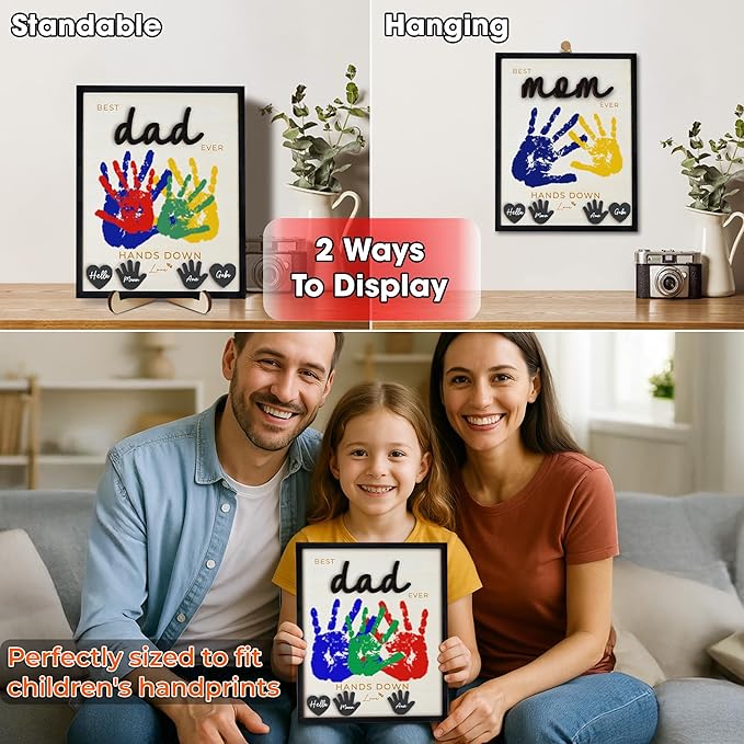 10" Best Dad Ever Hands Down Sign DIY Dad Gifts from Kids Handprint Kit with Acrylic Paint, Toddler Craft Birthday Gift Father's Day for Daddy, Papa Family Plaque with Daughter, Son Names HF90-D