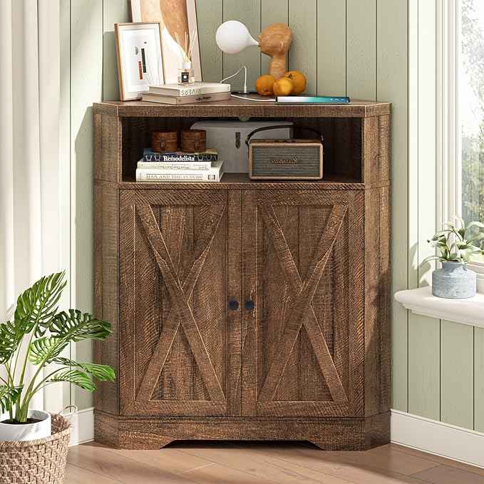 Vabches Corner Storage Cabinet, Small Corner Cabinet with USB Ports and Outlets Organizer, Barn Door Design and Adjustable Shelf, Living Room, Kitchen, Bathroom.Red-Brown