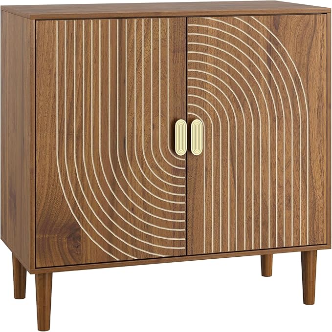 Ball & Cast 32" Modern Walnut Sideboard Cabinet with Line Groove Doors, Buffet & Accent Cabinet w/Adjustable Shelf & Solid Wood Legs for Living Room, Dining Room, Kitchen Coffee Bar & Entryway,Brown