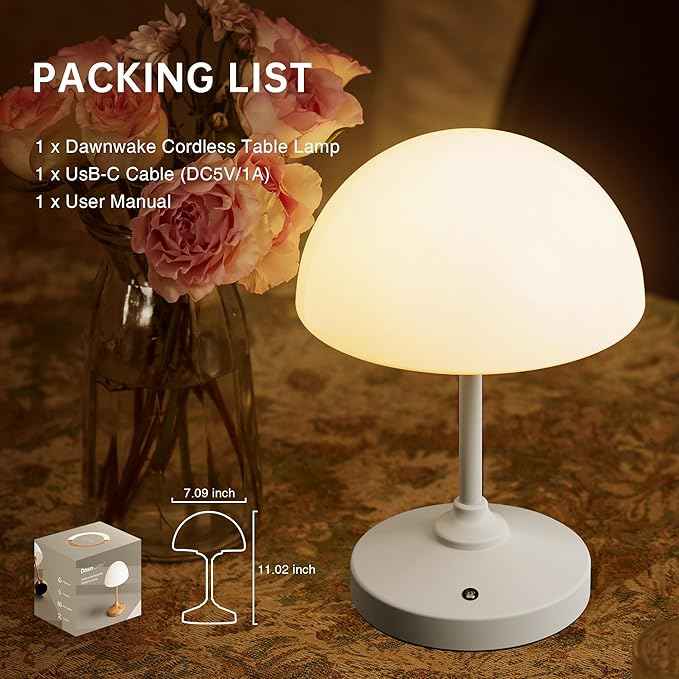 Mushroom Lamp Cordless Lamp Table Lamp,Outdoor Waterproof Shower Lamps,5000mAh Rechargeble Battery Operated Dimmable Touch Desk Lamps,LED Night Light for Bathroom Patio Camping Outdoor(White)