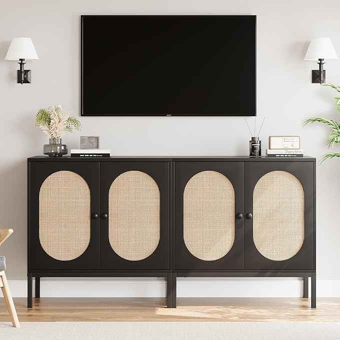 IDEALHOUSE Rattan Buffet Cabinet with Doors and Shelves, Black Console Cabinet for Living Room, Dining Room, Hallway