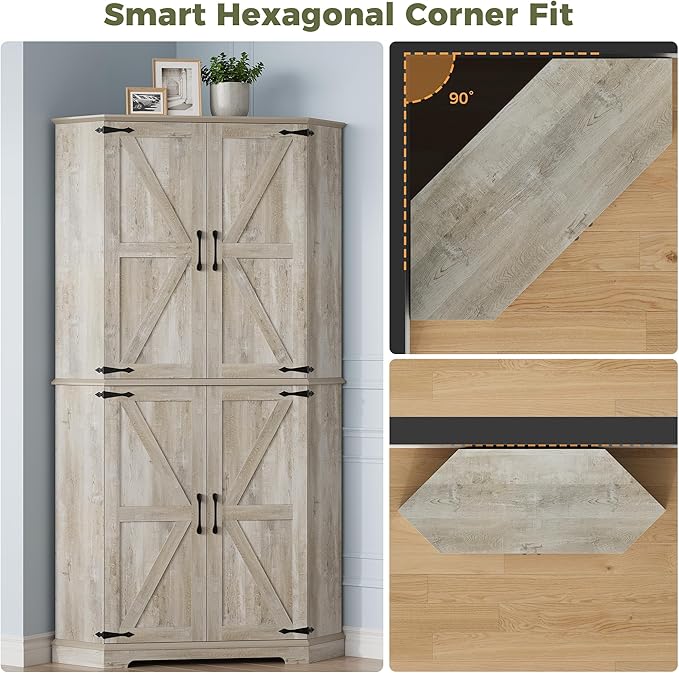 IRONCK Corner Cabinet, 72" Kitchen Pantry Cabinet, 6-Tier Farmhouse Pantry with 2 Adjustable Shelves, 240° Swivel Doors, 2 Doors Storage, Spacious Hutch for Kitchen, Living Room, Rustic Maple