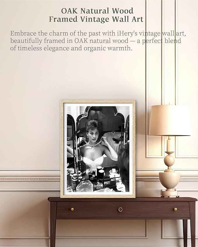 iHery Natural Wood Framed Woman Makeup Vintage Black White Fashion Wall Art,12x16in OAK Frame Photography Retro Poster for Bedroom Living Room Set of 1