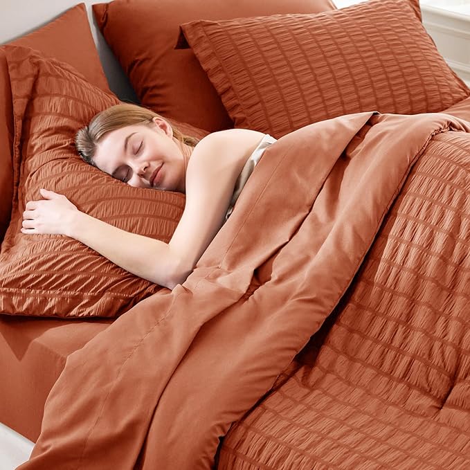 CozyLux Queen Comforter Set Burnt Orange Seersucker 7 Pieces Bed in a Bag Queen Comforter Set with Sheets Terracotta Luxury Bedding Set with Down Alternative Comforter, Sheets, Pillowcases & Shams