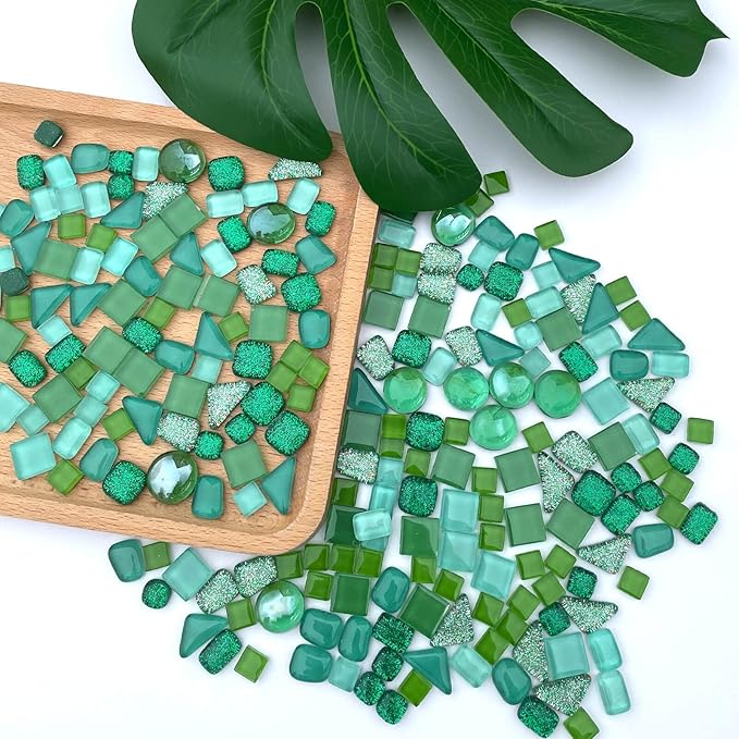 LITMIND Assorted Green Irregular Crystal Mosaic Tiles, 9oz Value Pack - Perfect for Art Crafts, Mosaic Making Projects, Home Decor, and More
