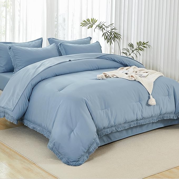 Andency Full Size Comforter Set Grayish Blue -7 Pieces Boho Tassel Bed in a Bag Soft Lightweight Bedding Sets, All Season Fringe Bed Set with Comforter, Sheets, Pillowcases & Shams