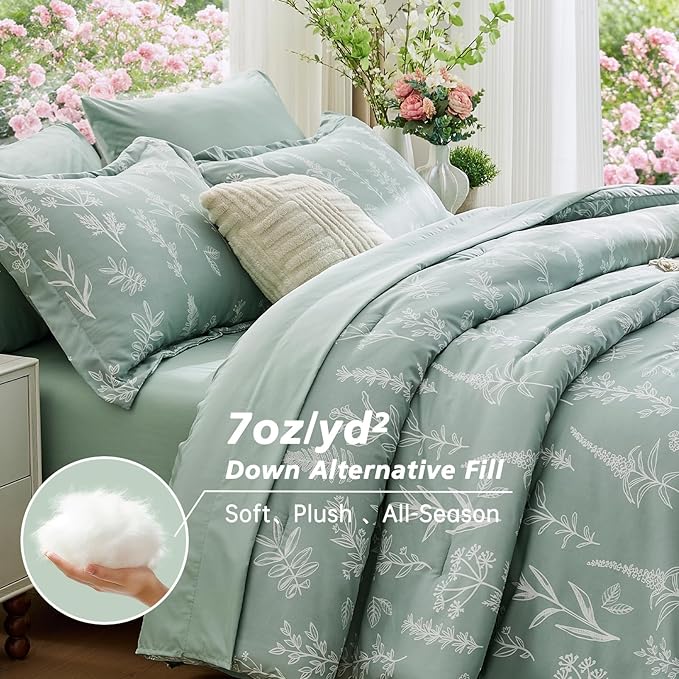 MUXHOMO Full Comforter Set, Sage Green Elegant Floral Print Bed in a Bag 7 Pieces, Ultra Soft & Breathable Reversible Botanical Pattern Bedding Set with Comforter, Sheets, Pillowcases, and Shams
